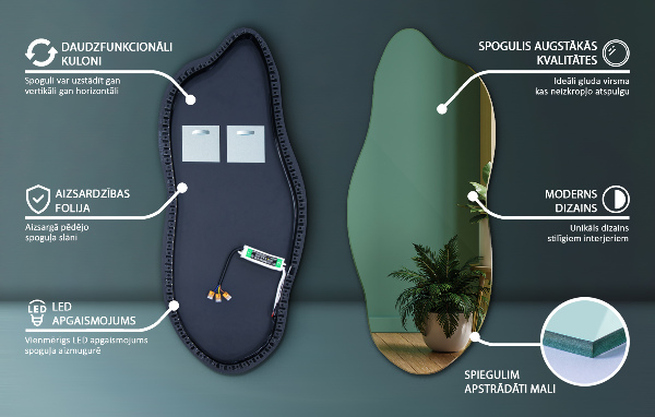 Specchio forma irregolare con led 35x80 cm