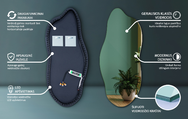 Specchio forma irregolare con led 40x90 cm