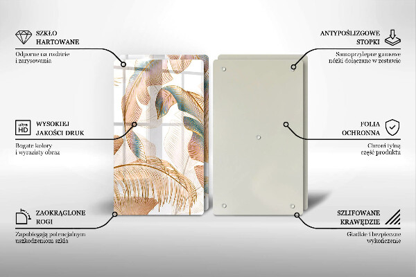 Tagliere in vetro temperato Piume e foglie boho