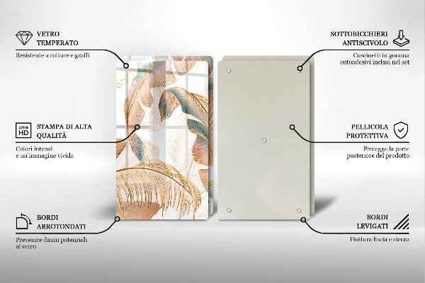 Tagliere in vetro temperato Piume e foglie boho
