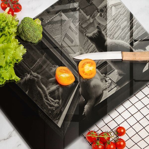 Tagliere in vetro temperato Città e finestra dei gatti