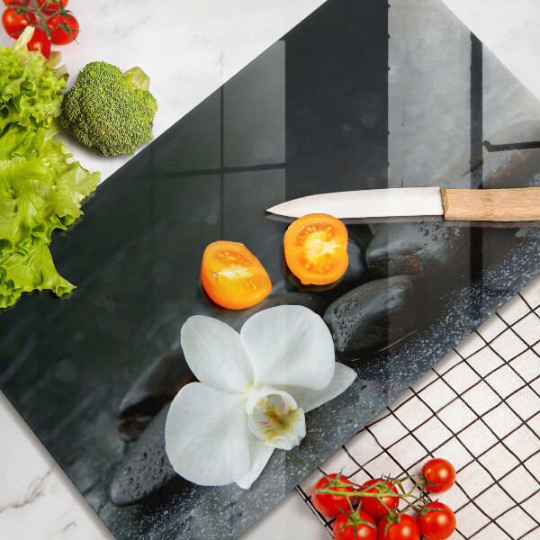 Tagliere in vetro Pietre Zen fiore bianco