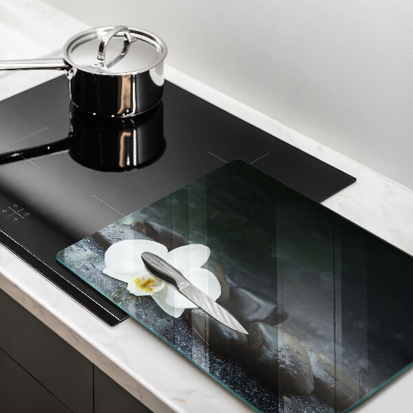 Tagliere in vetro Pietre Zen fiore bianco