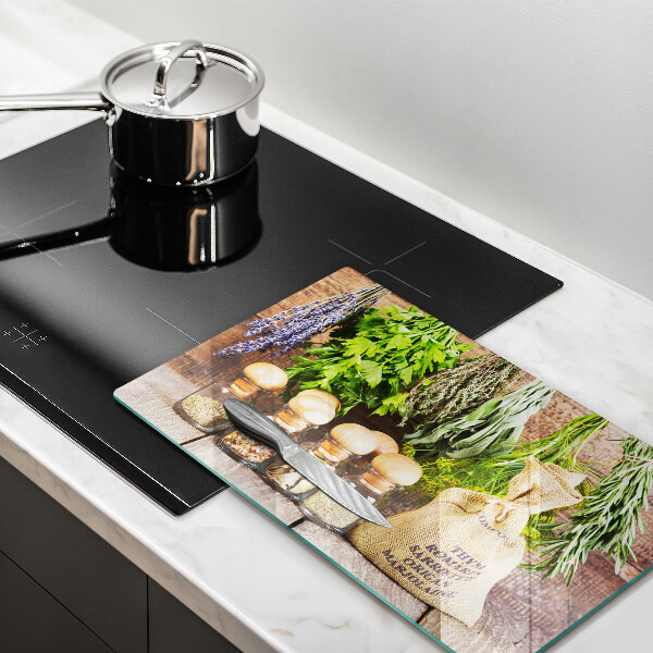 Tagliere in vetro temperato Erbe spezie e legno