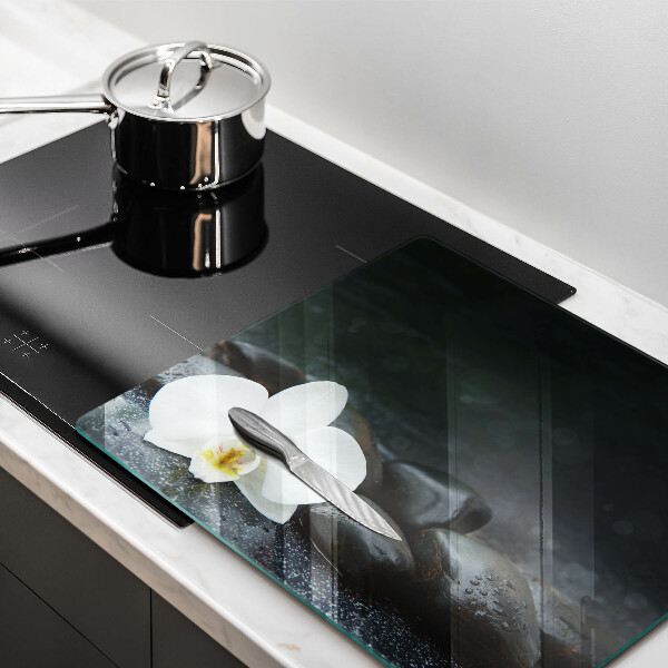 Tagliere in vetro temperato Pietre Zen fiore bianco