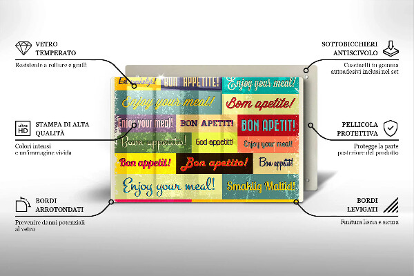 Tagliere in vetro temperato Sottotitoli Buon appetito lingue