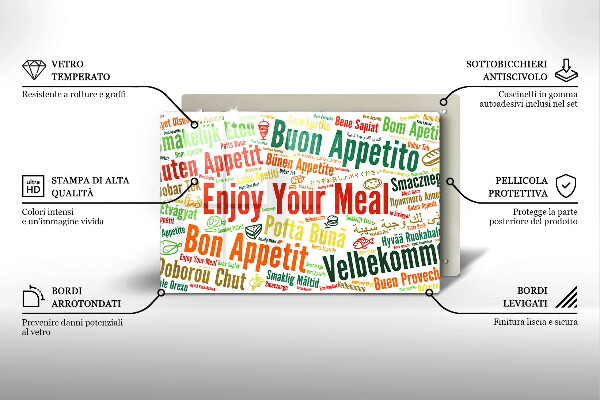 Tagliere in vetro temperato Sottotitoli Buon appetito lingue