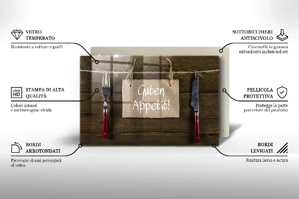 Tagliere in vetro temperato Iscrizione Guten Appetit su tavole di legno