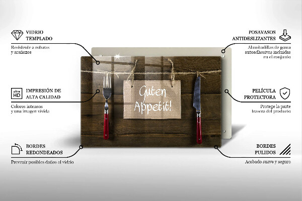 Tagliere in vetro temperato Iscrizione Guten Appetit su tavole di legno