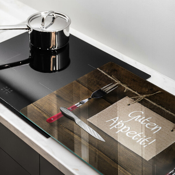 Tagliere in vetro temperato Iscrizione Guten Appetit su tavole di legno