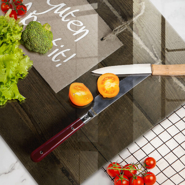 Tagliere in vetro temperato Iscrizione Guten Appetit su tavole di legno
