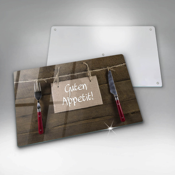 Tagliere in vetro temperato Iscrizione Guten Appetit su tavole di legno