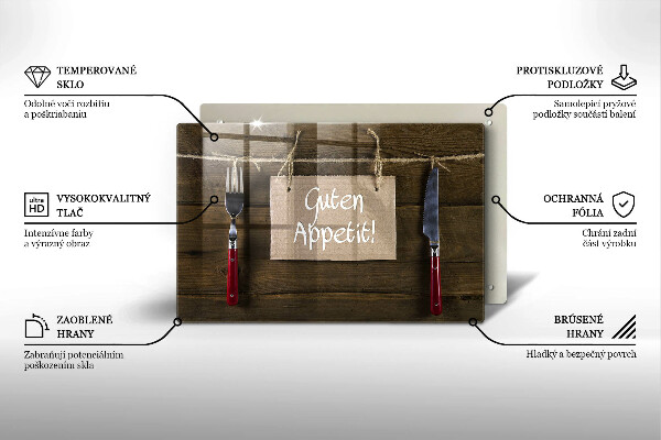 Tagliere in vetro temperato Iscrizione Guten Appetit su tavole di legno