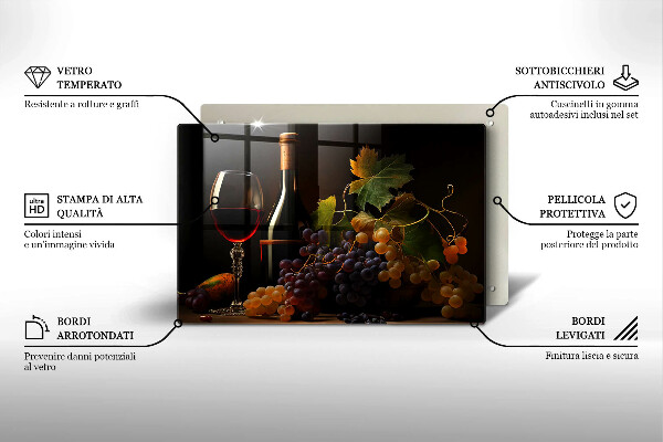 Tagliere in vetro Bicchiere di vino e uva