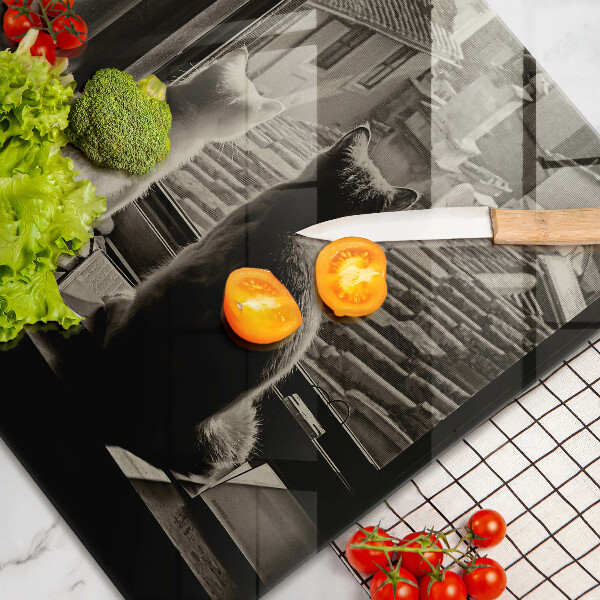 Tagliere in vetro temperato Città e finestra dei gatti