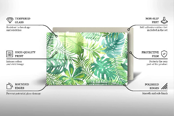 Tagliere in vetro temperato Foglie boho dell'acquerello