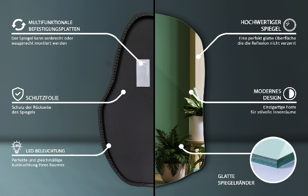 Specchio forma irregolare con led di tendenza 90x59 cm