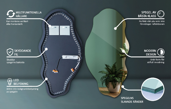 Specchio forma organica illuminato elegante 45x90 cm