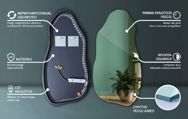 Specchio forma organica illuminato moderno minimalista 40x80 cm