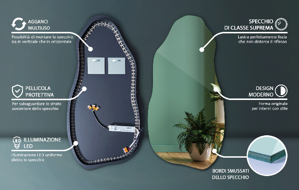 Specchio forma organica illuminato moderno 45x90 cm