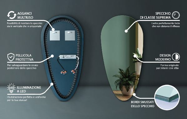 Specchio a goccia con led 50x100 cm