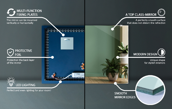 Specchio rettangolare da parete con luce 50x50 cm