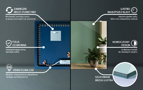 Specchio rettangolare decorativo con led 70x50 cm