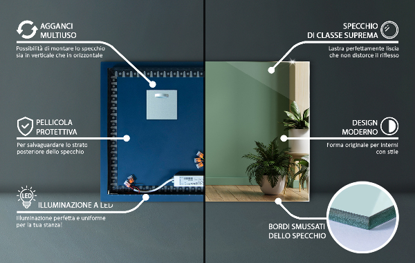 Specchio rettangolare decorativo con led 70x50 cm