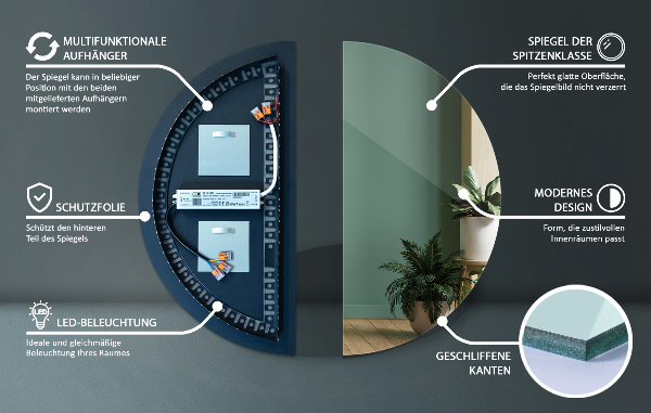 Specchio mezza luna con luce 50x100 cm