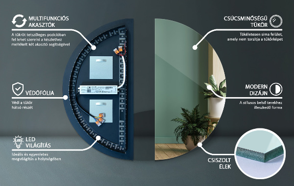 Specchio mezza luna con luce 50x100 cm