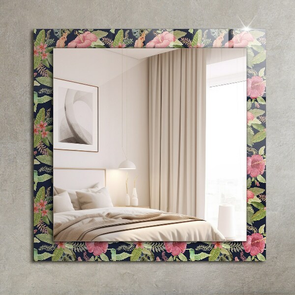 Specchio con cornice stampata Fiori e uccelli