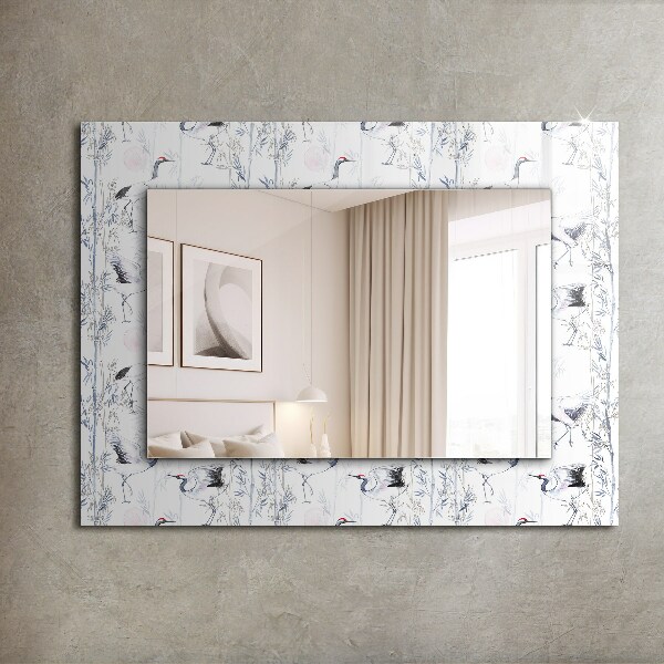 Specchio con cornice stampata Gru e bambù