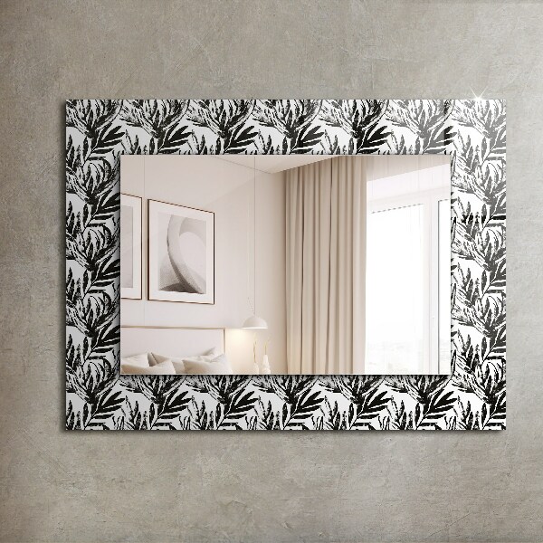 Specchio con cornice stampata Foglie in bianco e nero