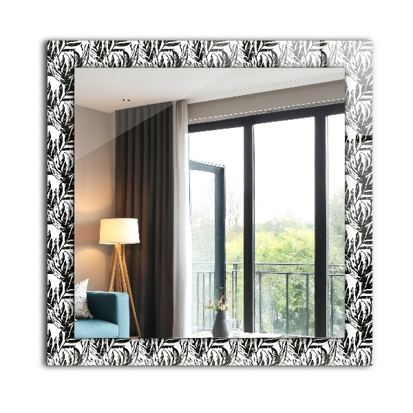 Specchio con cornice stampata Foglie in bianco e nero