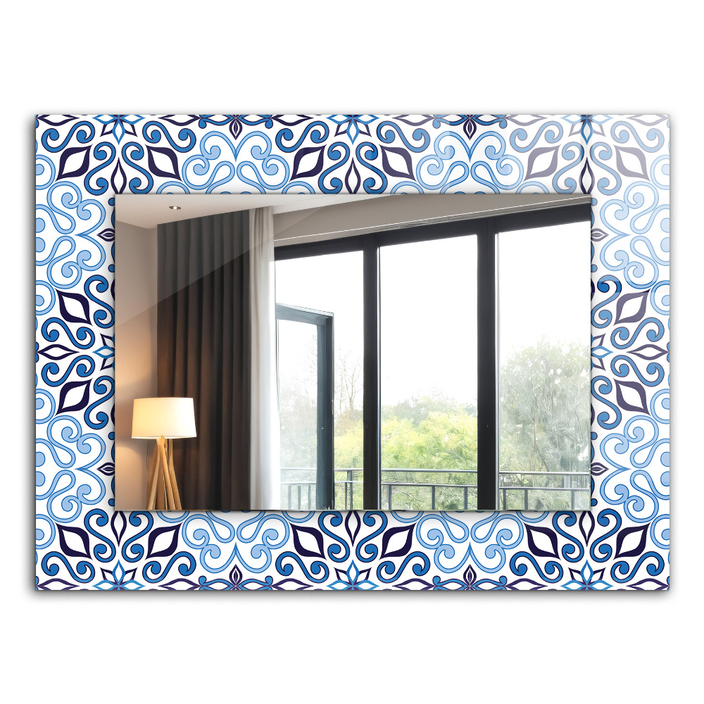 Specchio con cornice stampata Motivo ornamentale blu