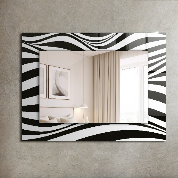 Specchio con cornice stampata Onde in bianco e nero
