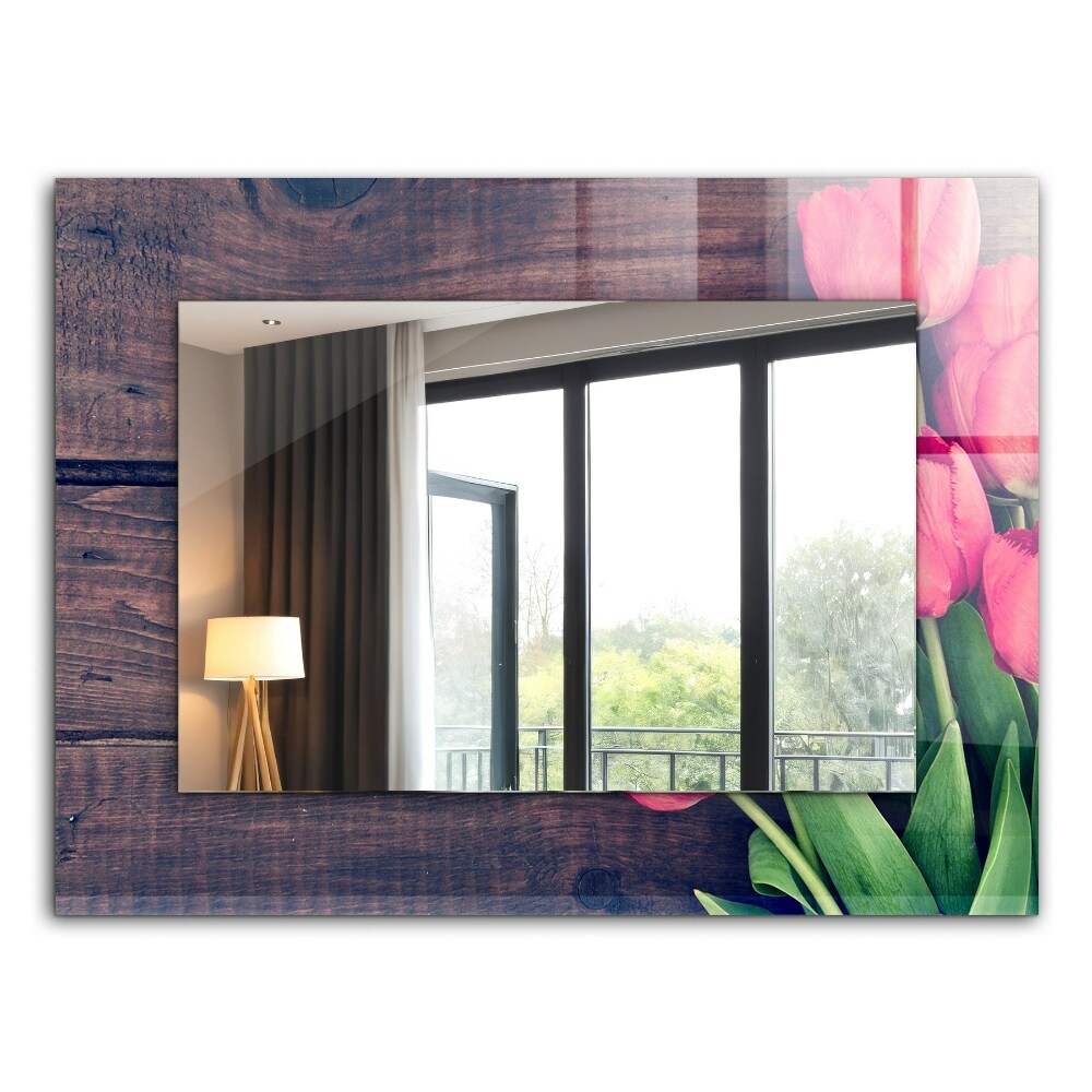 Specchio con cornice stampata Legno con tulipani rosa