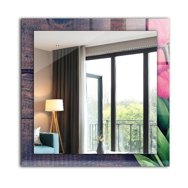 Specchio con cornice stampata Legno con tulipani rosa