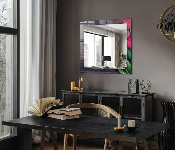 Specchio con cornice stampata Legno con tulipani rosa