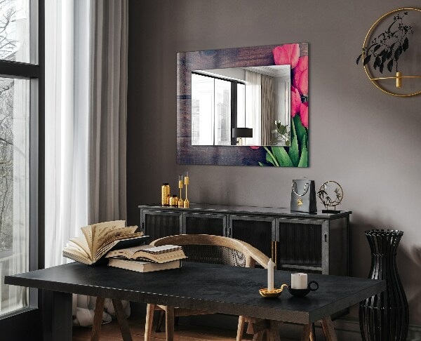Specchio con cornice stampata Legno con tulipani rosa