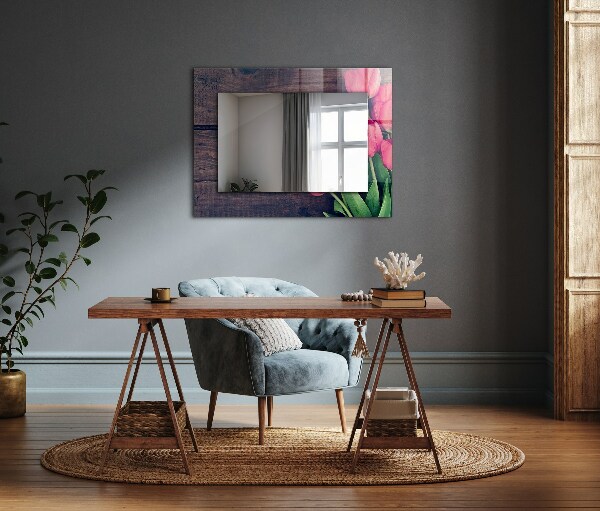 Specchio con cornice stampata Legno con tulipani rosa