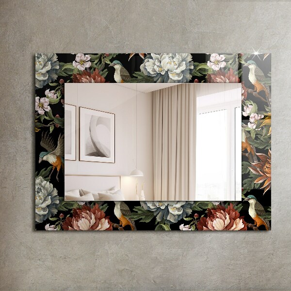Specchio con cornice stampata Fiori e uccelli