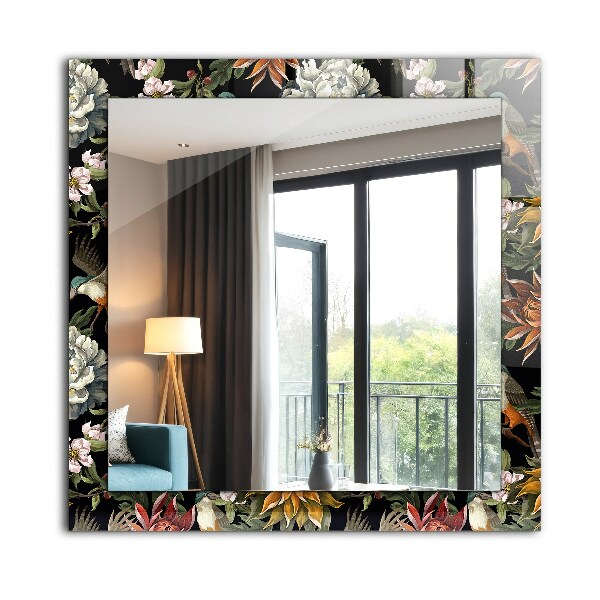 Specchio con cornice stampata Fiori e uccelli