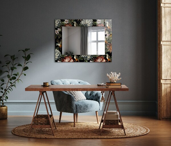 Specchio con cornice stampata Fiori e uccelli