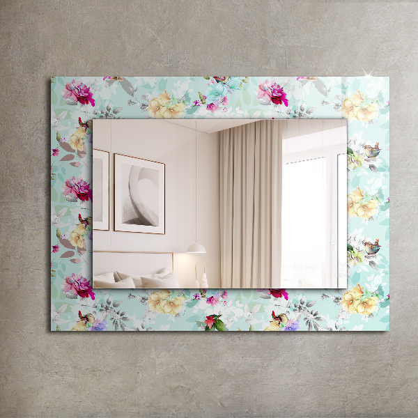 Specchio con cornice stampata Fiori e uccelli