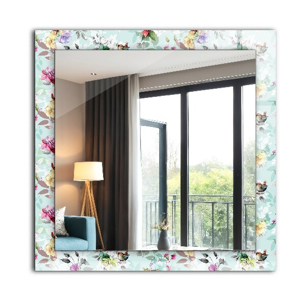 Specchio con cornice stampata Fiori e uccelli
