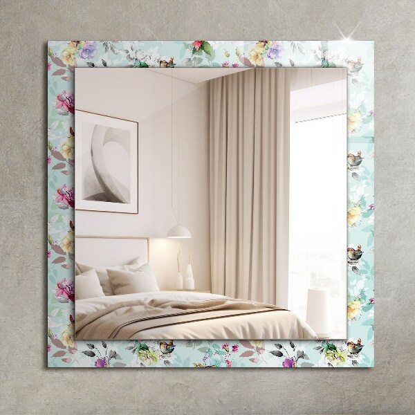Specchio con cornice stampata Fiori e uccelli