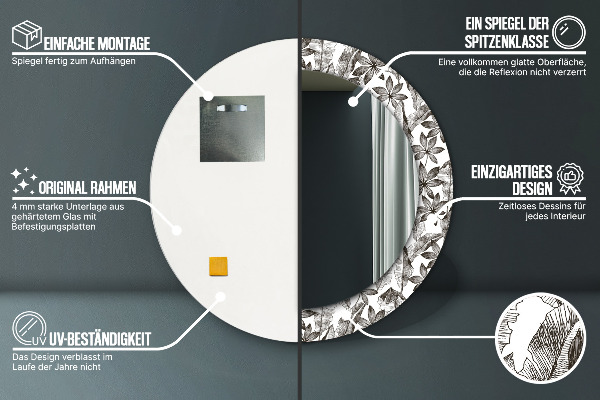 Specchio tondo con cornice stampata Foglie tropicali