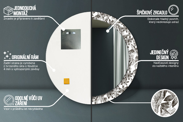 Specchio tondo con cornice stampata Foglie tropicali