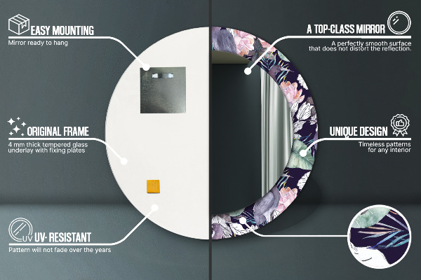 Specchio tondo con cornice stampata Uccelli aironi